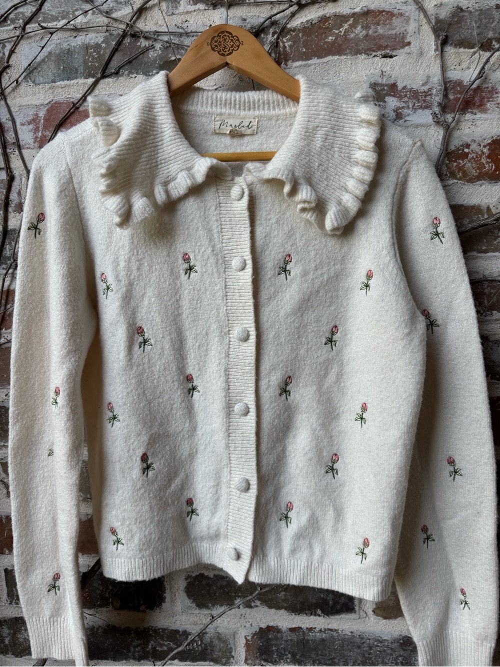 ✨ MARLED Cream Floral Embroidered Ruffle Collar Cardigan ✨